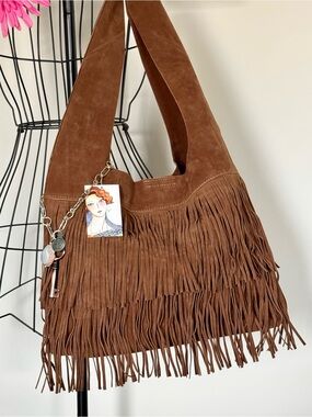 New Brown Faux Suede Fringe Shoulder Bag Purse w/ One of a Kind Bag Charm